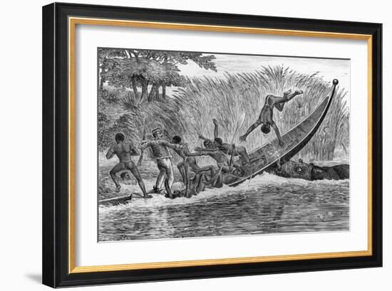 Illustration of Engraged Hippopotamus Upsetting a Boat-null-Framed Giclee Print