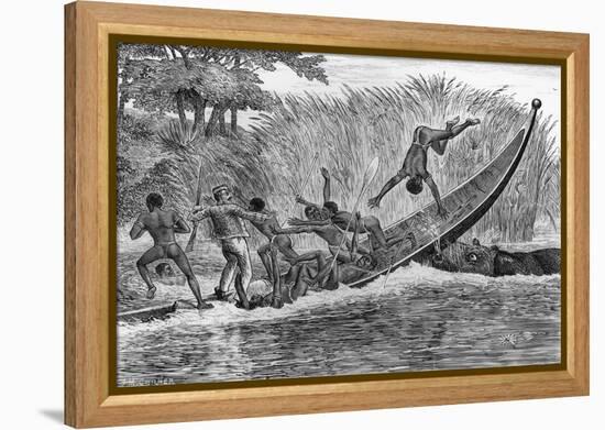 Illustration of Engraged Hippopotamus Upsetting a Boat-null-Framed Premier Image Canvas