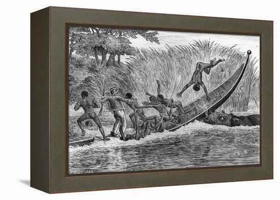 Illustration of Engraged Hippopotamus Upsetting a Boat-null-Framed Premier Image Canvas