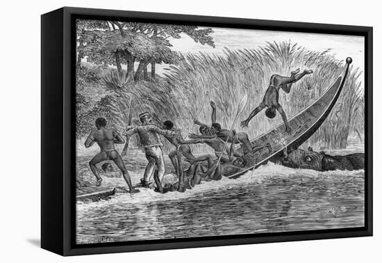 Illustration of Engraged Hippopotamus Upsetting a Boat-null-Framed Premier Image Canvas