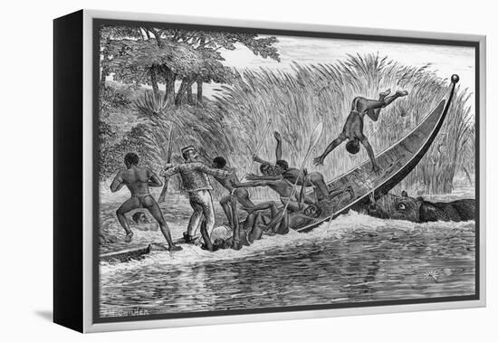 Illustration of Engraged Hippopotamus Upsetting a Boat-null-Framed Premier Image Canvas