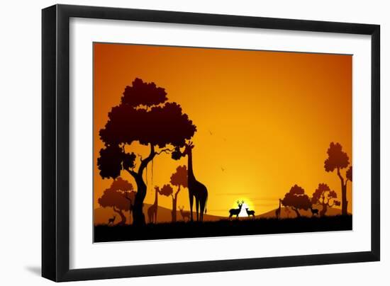 Illustration of Giraffe and Deer in Jungle-vectomart-Framed Art Print