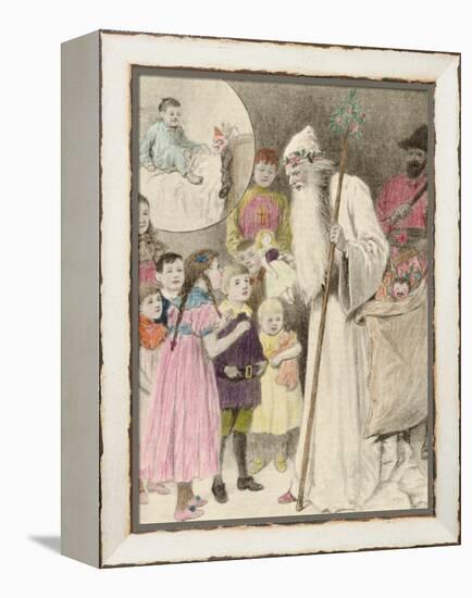 Illustration of Nicolo and the Krampus, Showing a Saint Nicholas Giving Presents to Children-null-Framed Premier Image Canvas