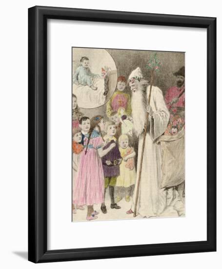 Illustration of Nicolo and the Krampus, Showing a Saint Nicholas Giving Presents to Children-null-Framed Photographic Print