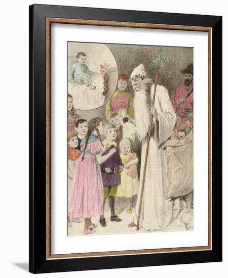 Illustration of Nicolo and the Krampus, Showing a Saint Nicholas Giving Presents to Children-null-Framed Photographic Print