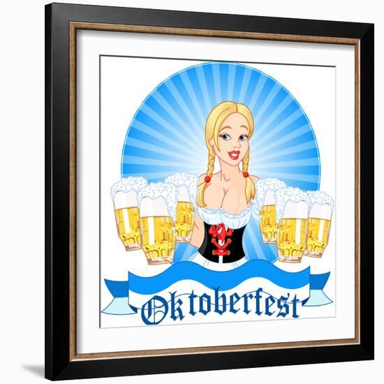 Illustration of Oktoberfest Girl Serving Beer. Raster Version.-Dazdraperma-Framed Photographic Print