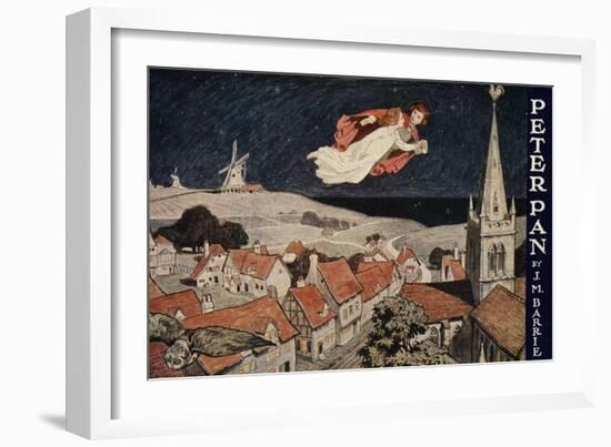 Illustration of Peter Pan and Wendy Flying over Town-null-Framed Giclee Print