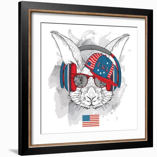 Illustration of Rabbit in the Glasses, Headphones and in Hip-Hop Hat with Print of Usa. Vector Illu-Sunny Whale-Framed Art Print