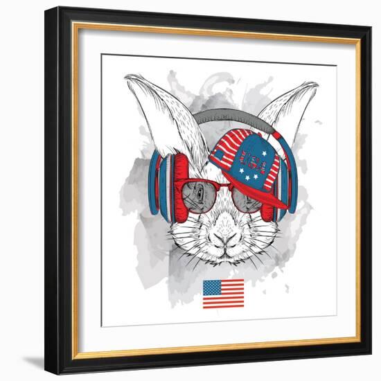 Illustration of Rabbit in the Glasses, Headphones and in Hip-Hop Hat with Print of Usa. Vector Illu-Sunny Whale-Framed Art Print