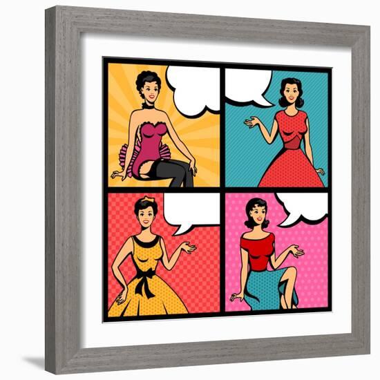 Illustration of Retro Girls in Pop Art Style-incomible-Framed Art Print