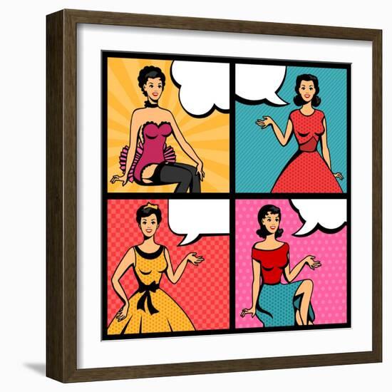 Illustration of Retro Girls in Pop Art Style-incomible-Framed Art Print