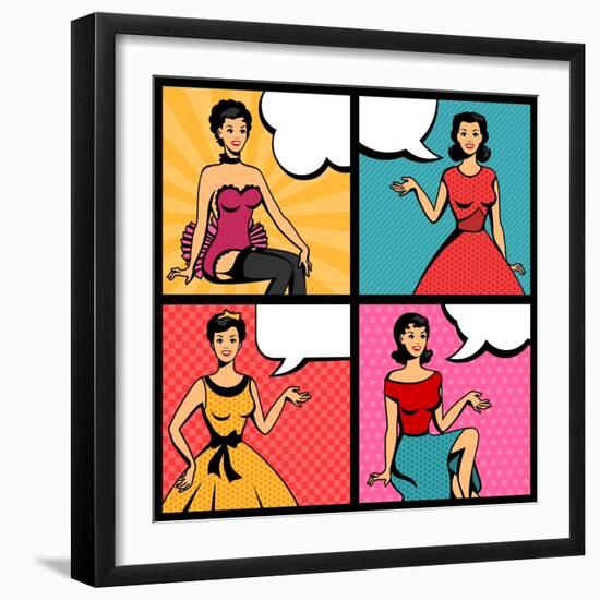 Illustration of Retro Girls in Pop Art Style-incomible-Framed Art Print