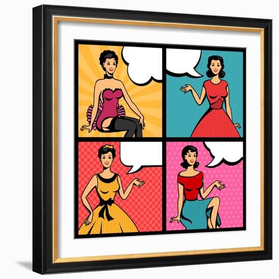 Illustration of Retro Girls in Pop Art Style-incomible-Framed Art Print