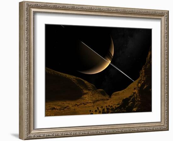 Illustration of Saturn from the Icy Surface of Enceladus-Stocktrek Images-Framed Photographic Print