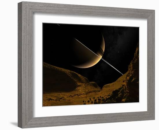 Illustration of Saturn from the Icy Surface of Enceladus-Stocktrek Images-Framed Photographic Print