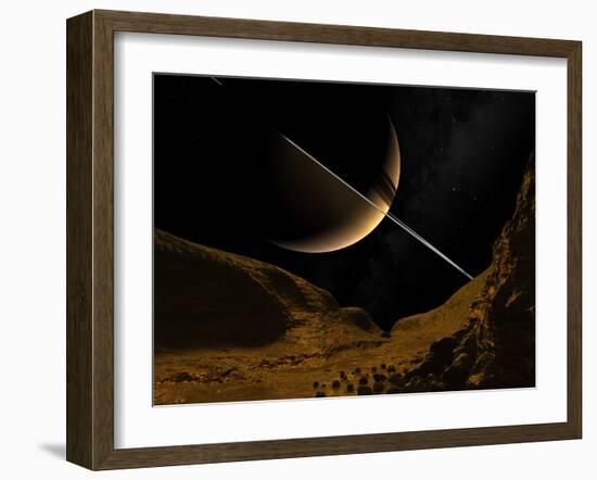 Illustration of Saturn from the Icy Surface of Enceladus-Stocktrek Images-Framed Photographic Print