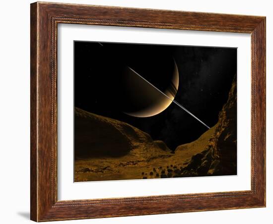 Illustration of Saturn from the Icy Surface of Enceladus-Stocktrek Images-Framed Photographic Print