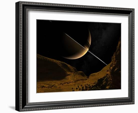 Illustration of Saturn from the Icy Surface of Enceladus-Stocktrek Images-Framed Photographic Print