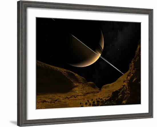 Illustration of Saturn from the Icy Surface of Enceladus-Stocktrek Images-Framed Photographic Print