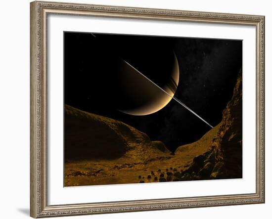 Illustration of Saturn from the Icy Surface of Enceladus-Stocktrek Images-Framed Photographic Print