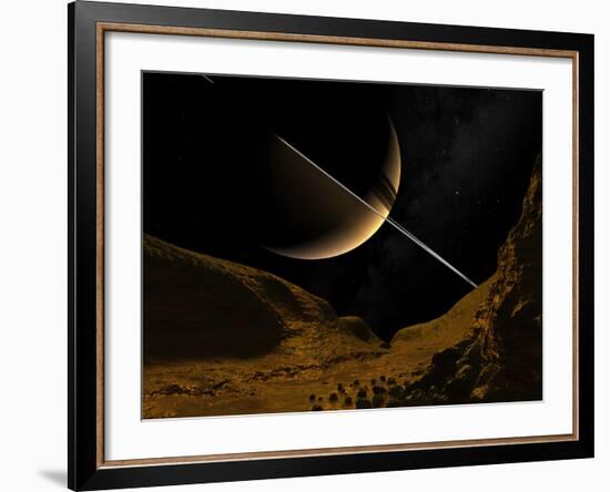 Illustration of Saturn from the Icy Surface of Enceladus-Stocktrek Images-Framed Photographic Print