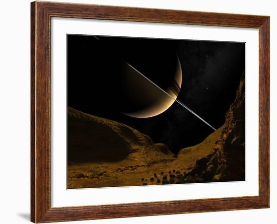 Illustration of Saturn from the Icy Surface of Enceladus-Stocktrek Images-Framed Photographic Print