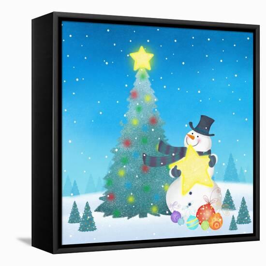 Illustration of Snowman Next to a Chirstmas Tree-null-Framed Premier Image Canvas