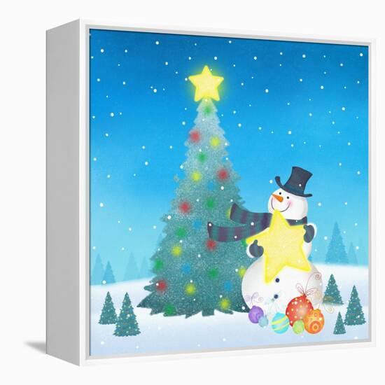 Illustration of Snowman Next to a Chirstmas Tree-null-Framed Premier Image Canvas