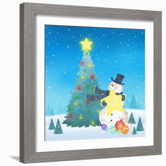 Illustration of Snowman Next to a Chirstmas Tree-null-Framed Giclee Print