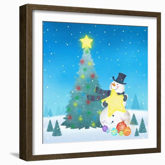 Illustration of Snowman Next to a Chirstmas Tree-null-Framed Giclee Print