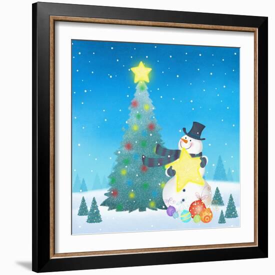 Illustration of Snowman Next to a Chirstmas Tree-null-Framed Giclee Print