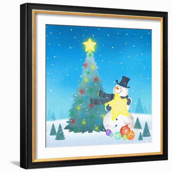 Illustration of Snowman Next to a Chirstmas Tree-null-Framed Giclee Print