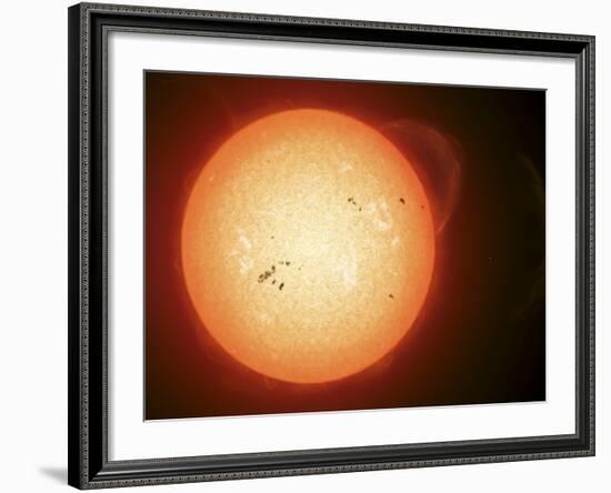 Illustration of the Sun with Visible Dark Sunspots on the Surface, Prominences and Some Solar Wind-Stocktrek Images-Framed Photographic Print