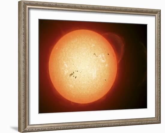 Illustration of the Sun with Visible Dark Sunspots on the Surface, Prominences and Some Solar Wind-Stocktrek Images-Framed Photographic Print