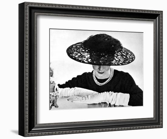 Illustration Showin a Black Lace Straw Ascot Hat, it's Large Crown Swathed with Net, 1955-null-Framed Premium Giclee Print