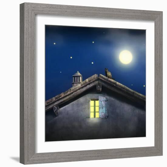 Illustrative Detail of a Roof with Chimney, Window and a Black Cat at Night with Moon and Stars-Valentina Photos-Framed Photographic Print