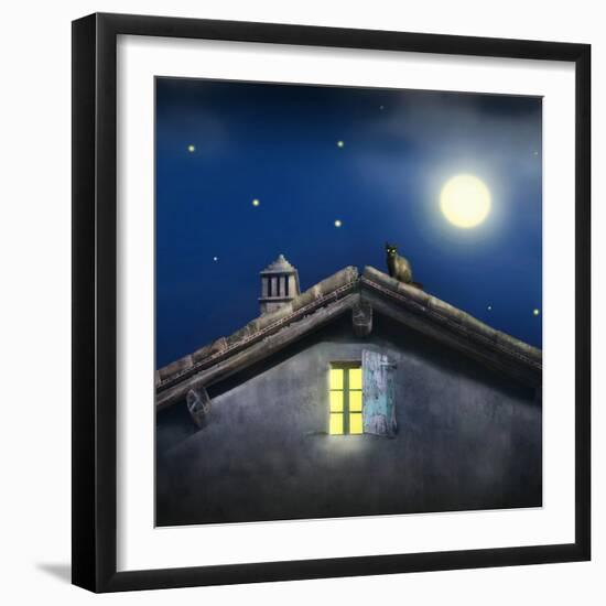 Illustrative Detail of a Roof with Chimney, Window and a Black Cat at Night with Moon and Stars-Valentina Photos-Framed Photographic Print