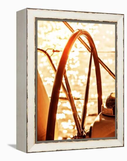 Image of Sailboat Helm on Sunset, Steering Wheel of Yacht, Rudder of Vessel on Sunrise, Sea Transpo-Anna Omelchenko-Framed Premier Image Canvas