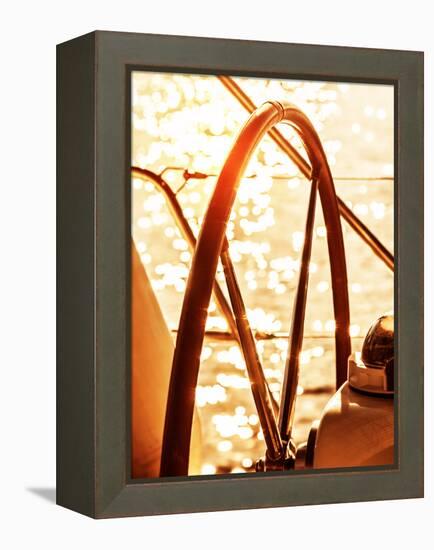 Image of Sailboat Helm on Sunset, Steering Wheel of Yacht, Rudder of Vessel on Sunrise, Sea Transpo-Anna Omelchenko-Framed Premier Image Canvas