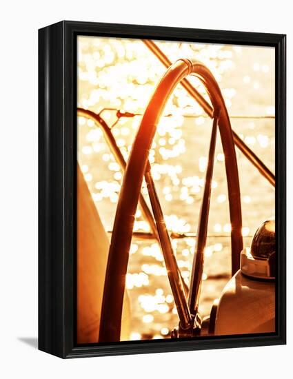 Image of Sailboat Helm on Sunset, Steering Wheel of Yacht, Rudder of Vessel on Sunrise, Sea Transpo-Anna Omelchenko-Framed Premier Image Canvas