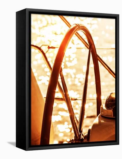 Image of Sailboat Helm on Sunset, Steering Wheel of Yacht, Rudder of Vessel on Sunrise, Sea Transpo-Anna Omelchenko-Framed Premier Image Canvas