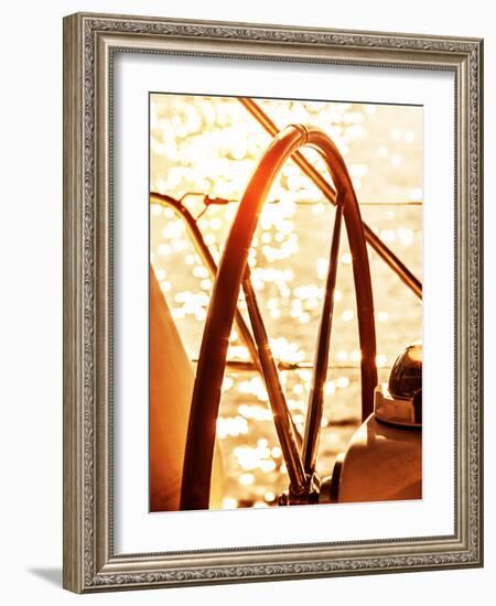 Image of Sailboat Helm on Sunset, Steering Wheel of Yacht, Rudder of Vessel on Sunrise, Sea Transpo-Anna Omelchenko-Framed Photographic Print
