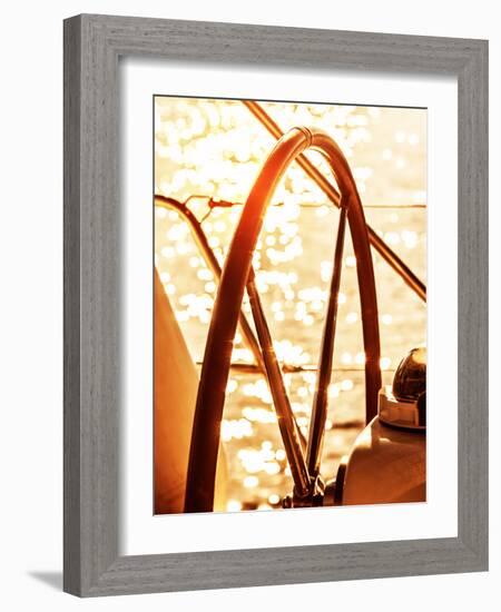 Image of Sailboat Helm on Sunset, Steering Wheel of Yacht, Rudder of Vessel on Sunrise, Sea Transpo-Anna Omelchenko-Framed Photographic Print