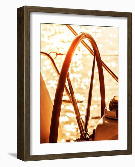 Image of Sailboat Helm on Sunset, Steering Wheel of Yacht, Rudder of Vessel on Sunrise, Sea Transpo-Anna Omelchenko-Framed Photographic Print