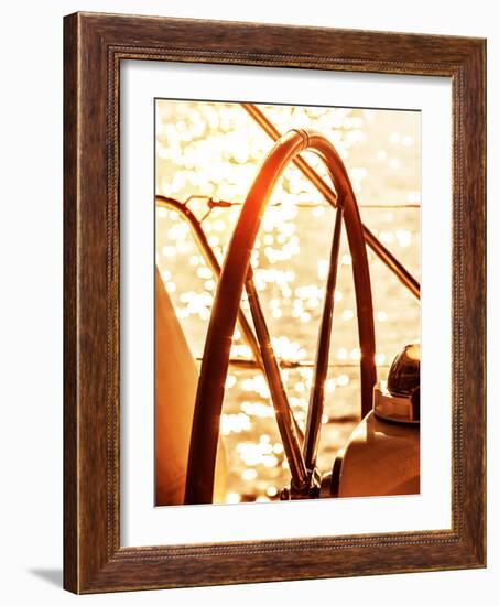 Image of Sailboat Helm on Sunset, Steering Wheel of Yacht, Rudder of Vessel on Sunrise, Sea Transpo-Anna Omelchenko-Framed Photographic Print