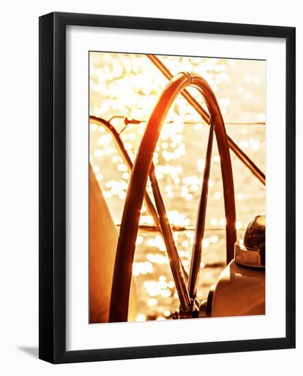 Image of Sailboat Helm on Sunset, Steering Wheel of Yacht, Rudder of Vessel on Sunrise, Sea Transpo-Anna Omelchenko-Framed Photographic Print