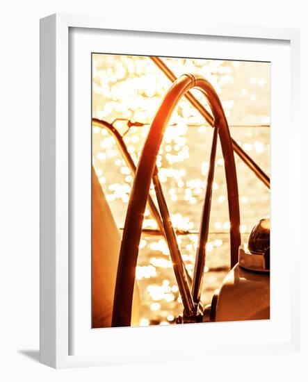 Image of Sailboat Helm on Sunset, Steering Wheel of Yacht, Rudder of Vessel on Sunrise, Sea Transpo-Anna Omelchenko-Framed Photographic Print