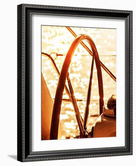 Image of Sailboat Helm on Sunset, Steering Wheel of Yacht, Rudder of Vessel on Sunrise, Sea Transpo-Anna Omelchenko-Framed Photographic Print