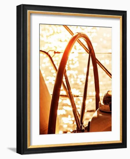 Image of Sailboat Helm on Sunset, Steering Wheel of Yacht, Rudder of Vessel on Sunrise, Sea Transpo-Anna Omelchenko-Framed Photographic Print