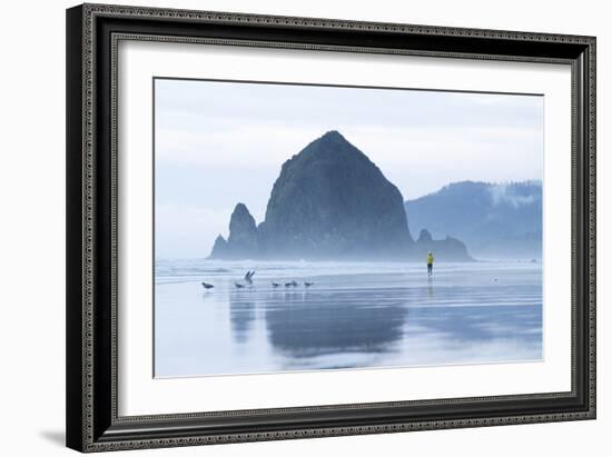 Image Of Young Woman Running On The Beach In Cannon Beach, Oregon-Justin Bailie-Framed Photographic Print